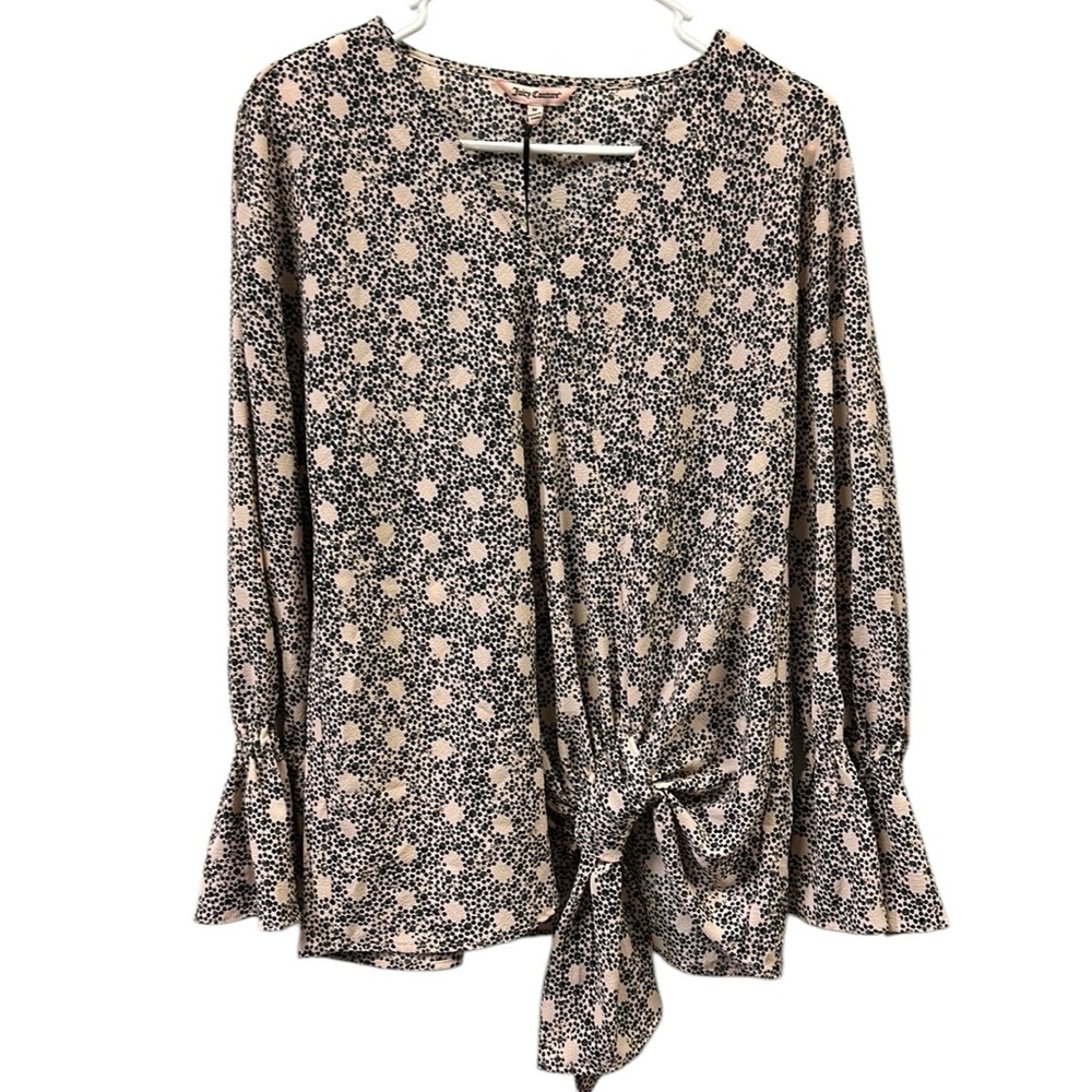Y2K Juicy Couture Pink Black Blossom Rain Tie Front V Neck Top Blouse Medium